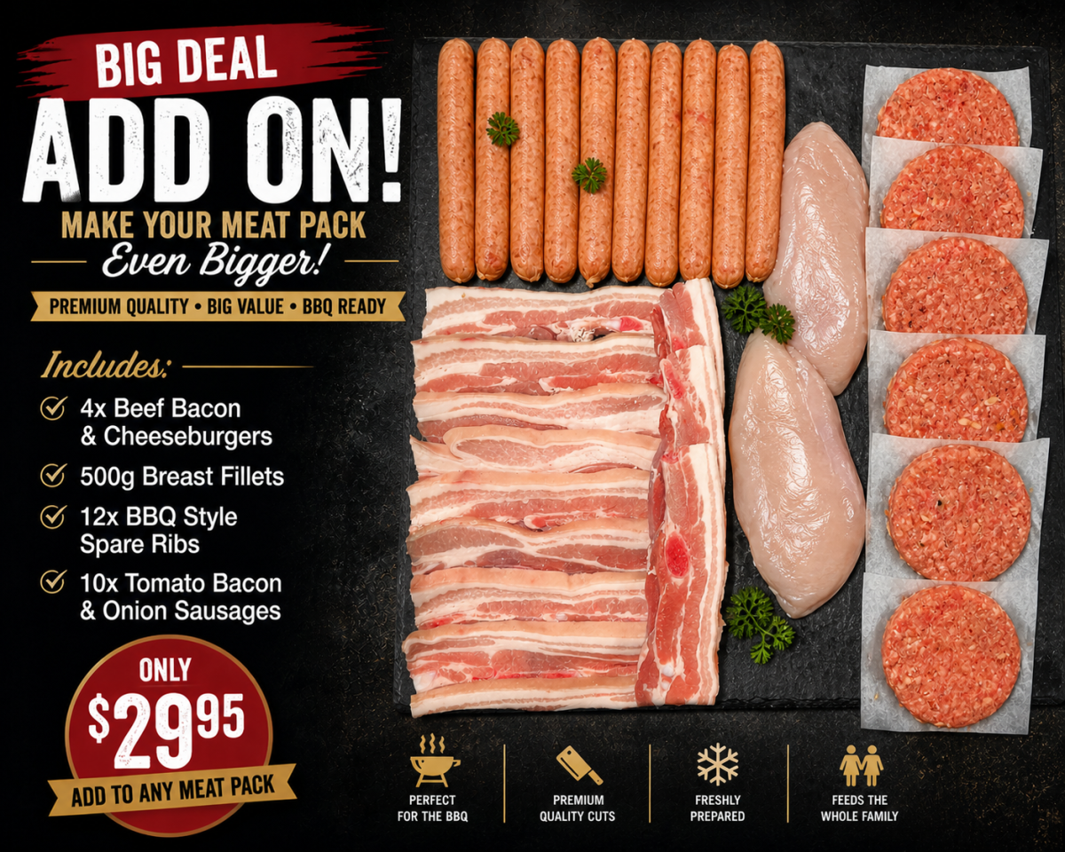 Big Deal Add-on 10x BBQ Style Pork Spare Ribs, 10x Beef Sausages, 500g Breast Fillets & 4x Beef, Bacon Cheese Burgers