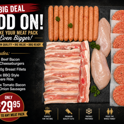 Big Deal Add-on 10x BBQ Style Pork Spare Ribs, 10x Beef Sausages, 500g Breast Fillets & 4x Beef, Bacon Cheese Burgers