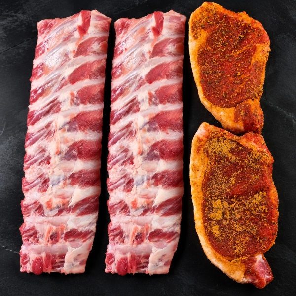 add on bbq BBQ Upgrade- 1kg USA Pork Rib Rack & 2x Hickory BBQ Marinated Steaks